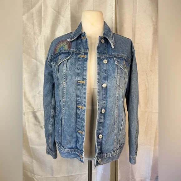Old Navy Blue Jean Jacket with Colorful Embroidery - Picture 1 of 9